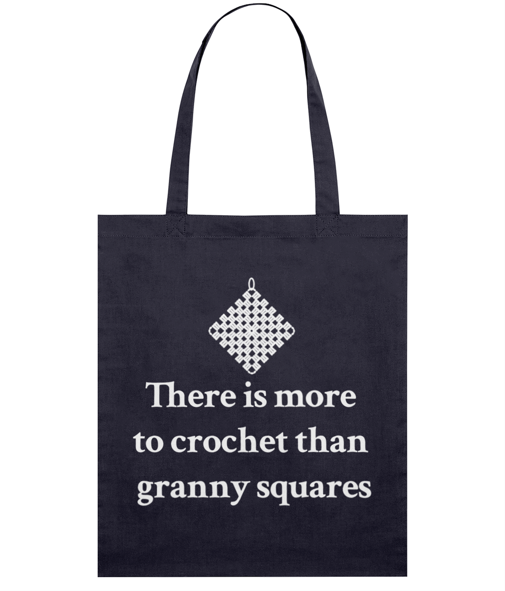 navy tote bag white print there is more to crochet than granny squares