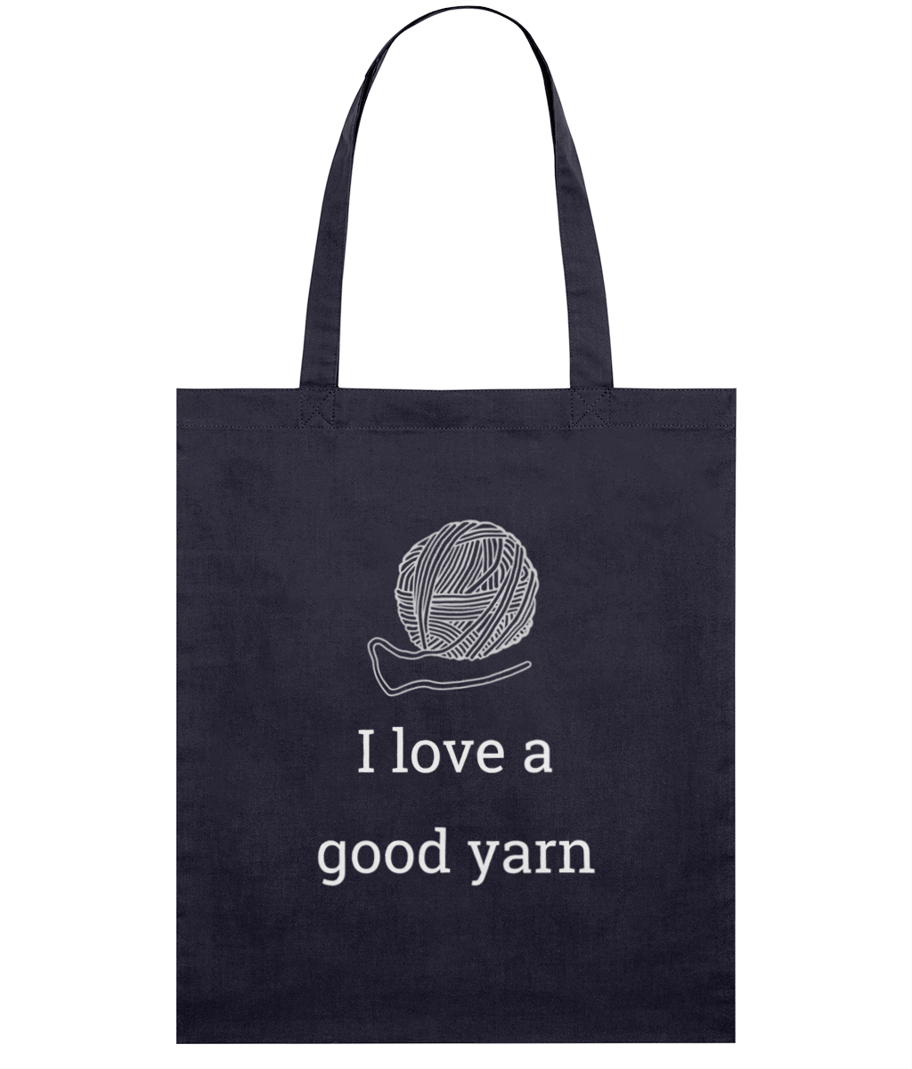 navy tote bag white print i love a good yarn