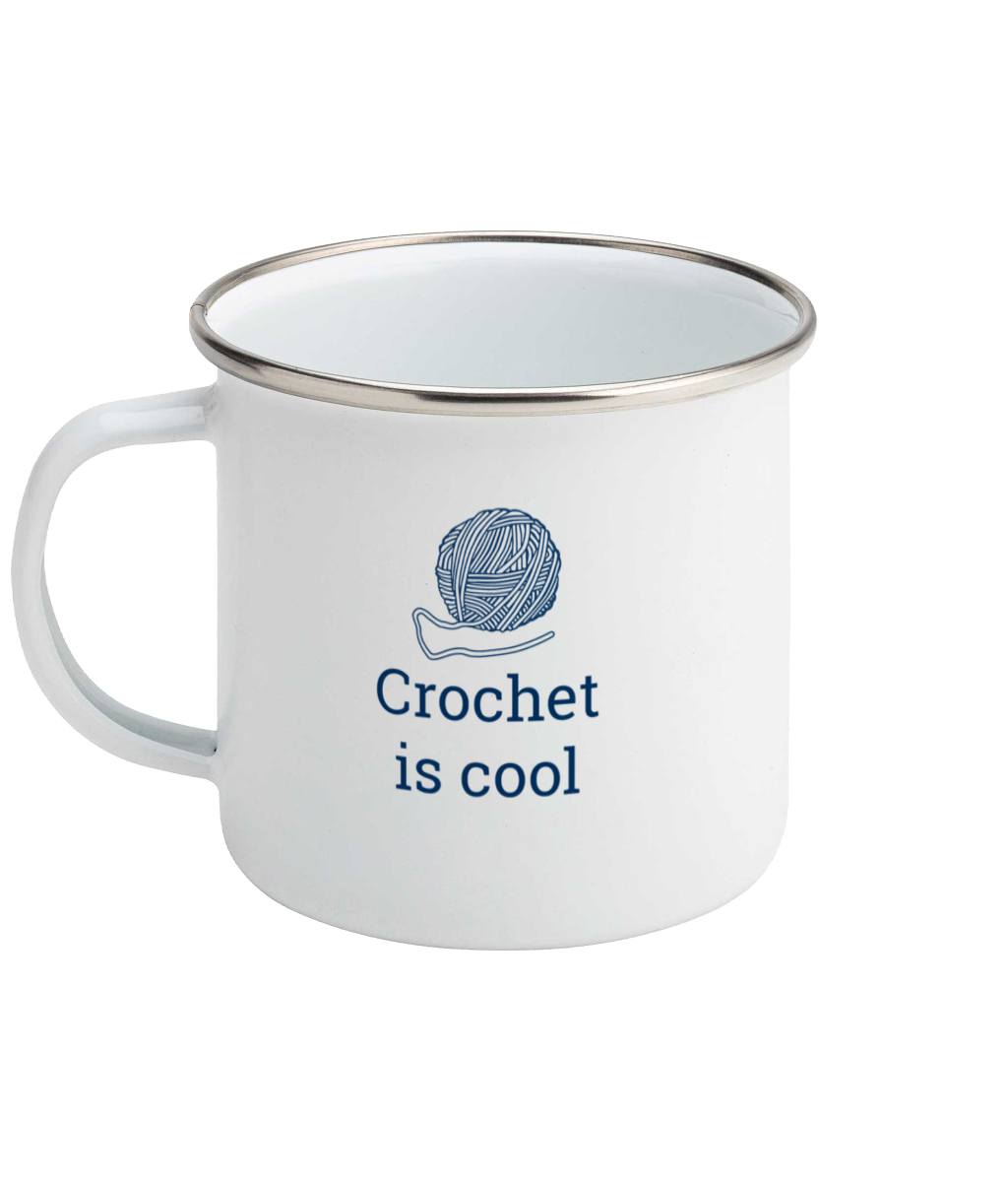enamel mug crochet is cool with ball of yarn