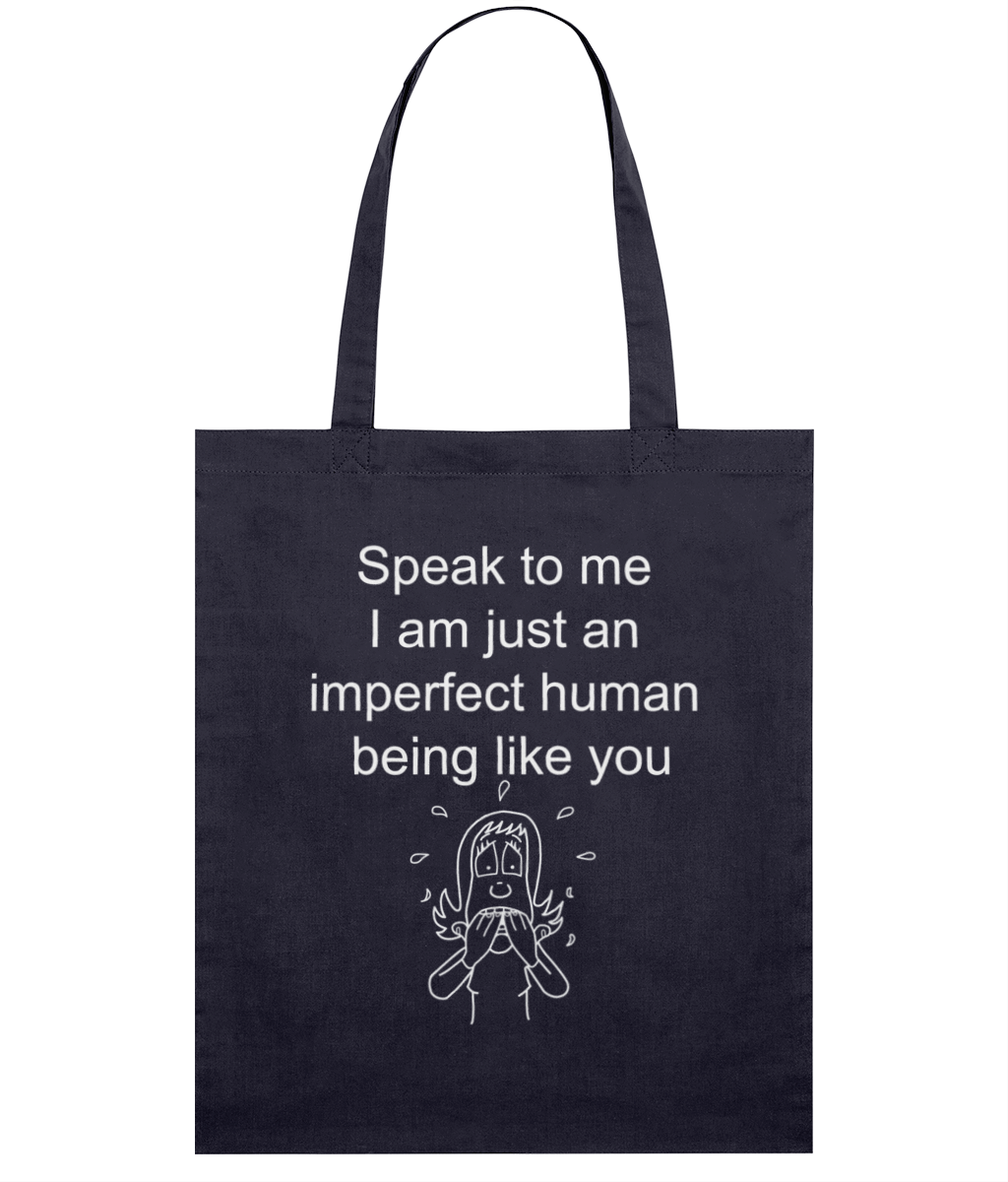 navy tote bag white print speak to me