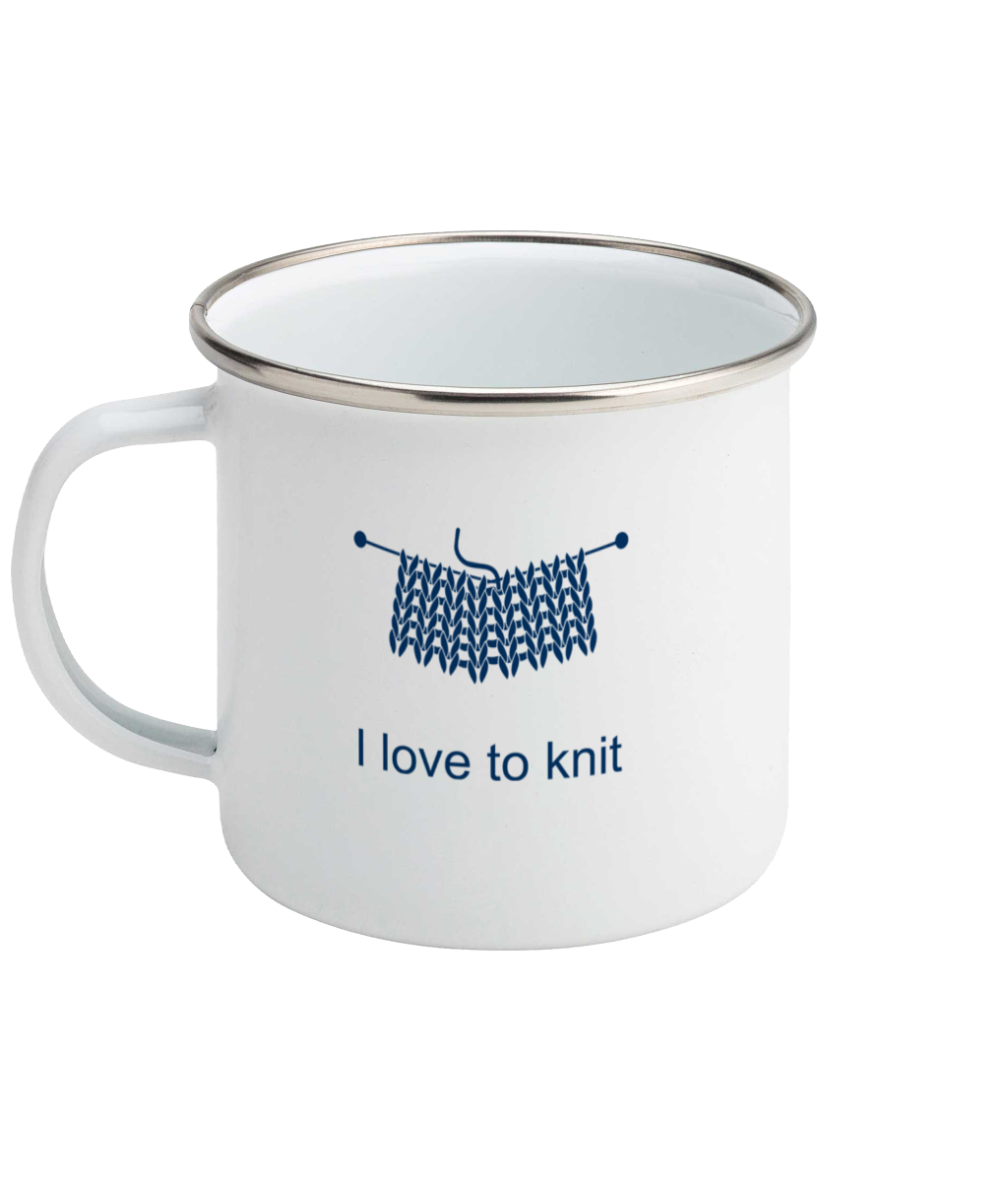 enamel mug I love to knit with ball of yarn