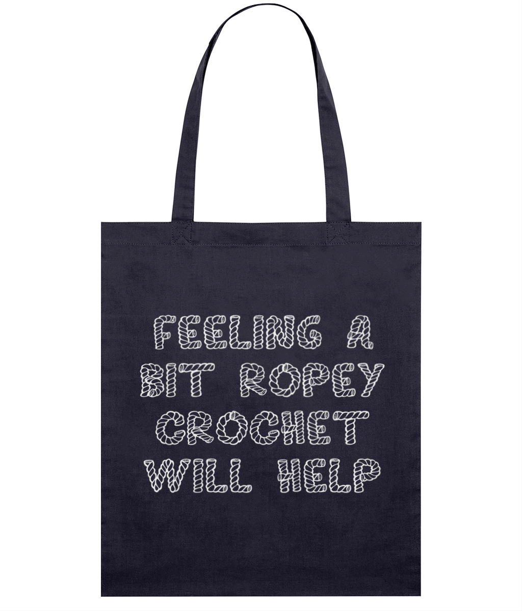 navy tote bag white print feeling a bit ropey then crochet will help