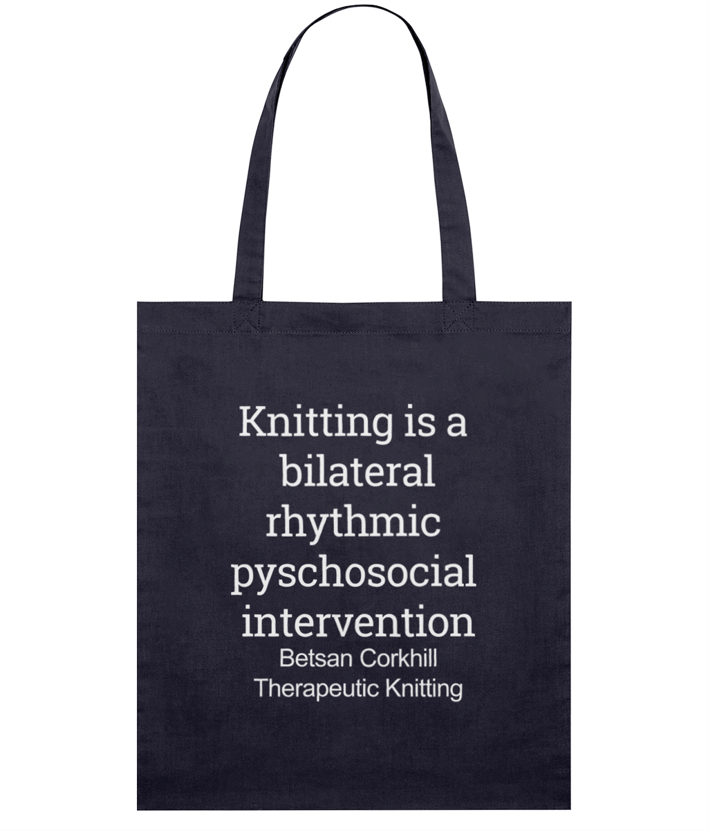 navy tote bag white print knitting is a bilateral rhythmic psychosocial intervention