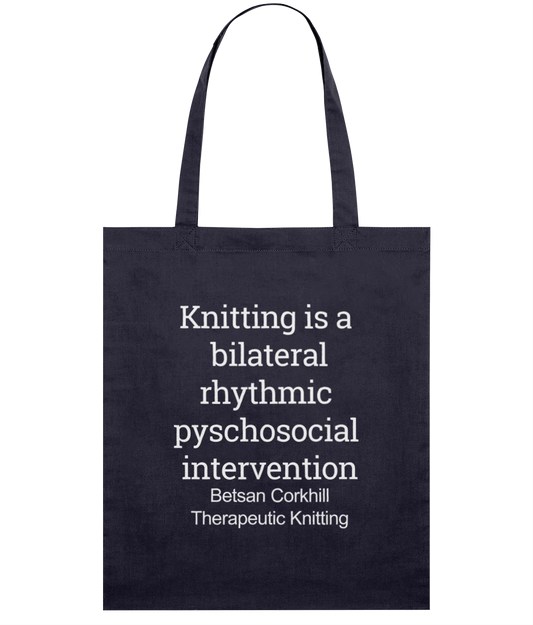navy tote bag white print knitting is a bilateral rhythmic psychosocial intervention