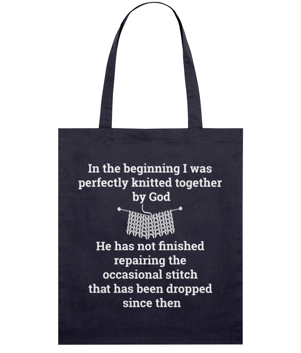 navy tote bag white print in the beginning I was perfectly knitted together by God