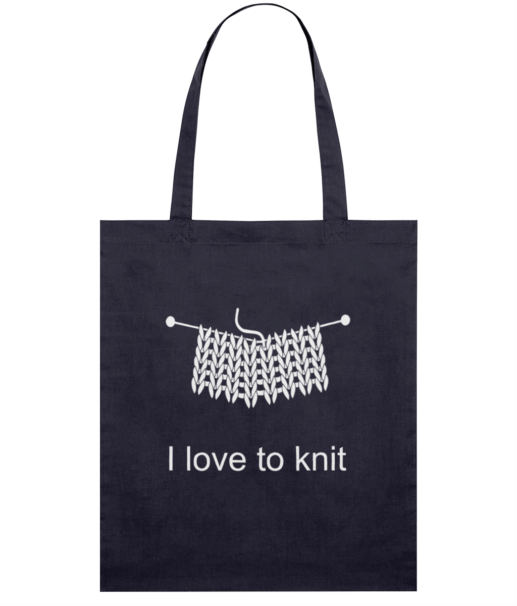navy tote bag white print i love to knit