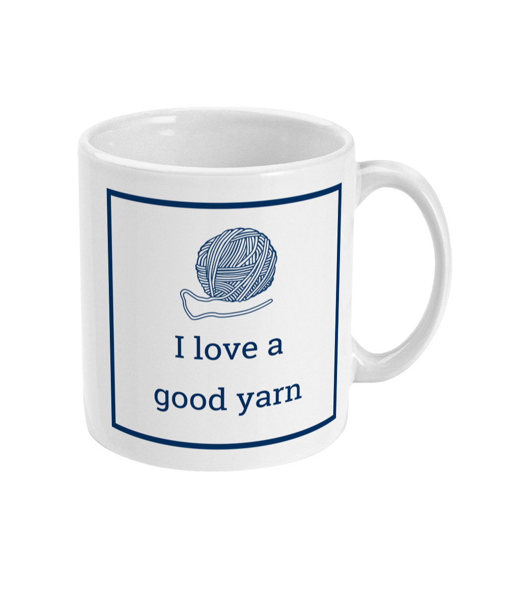 mug with a ball of yarn and the text I love a good yarn