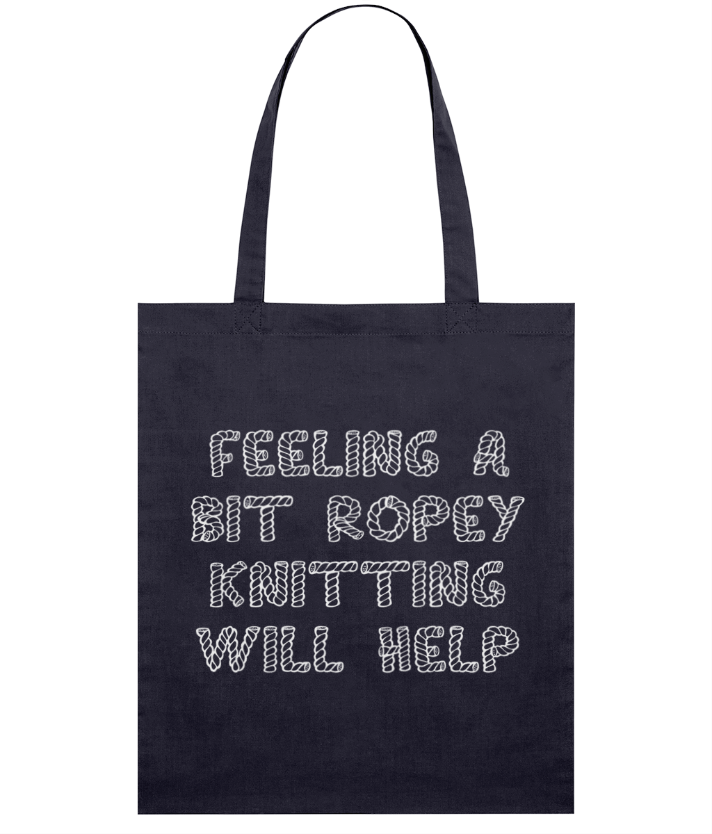 navy tote bag white print feeling a bit ropey then knitting will help