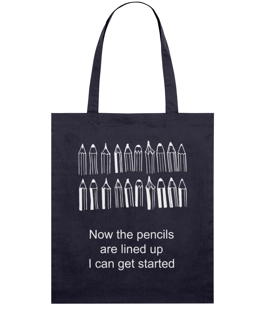 navy tote bag white print now the pencils are lined up I can get started