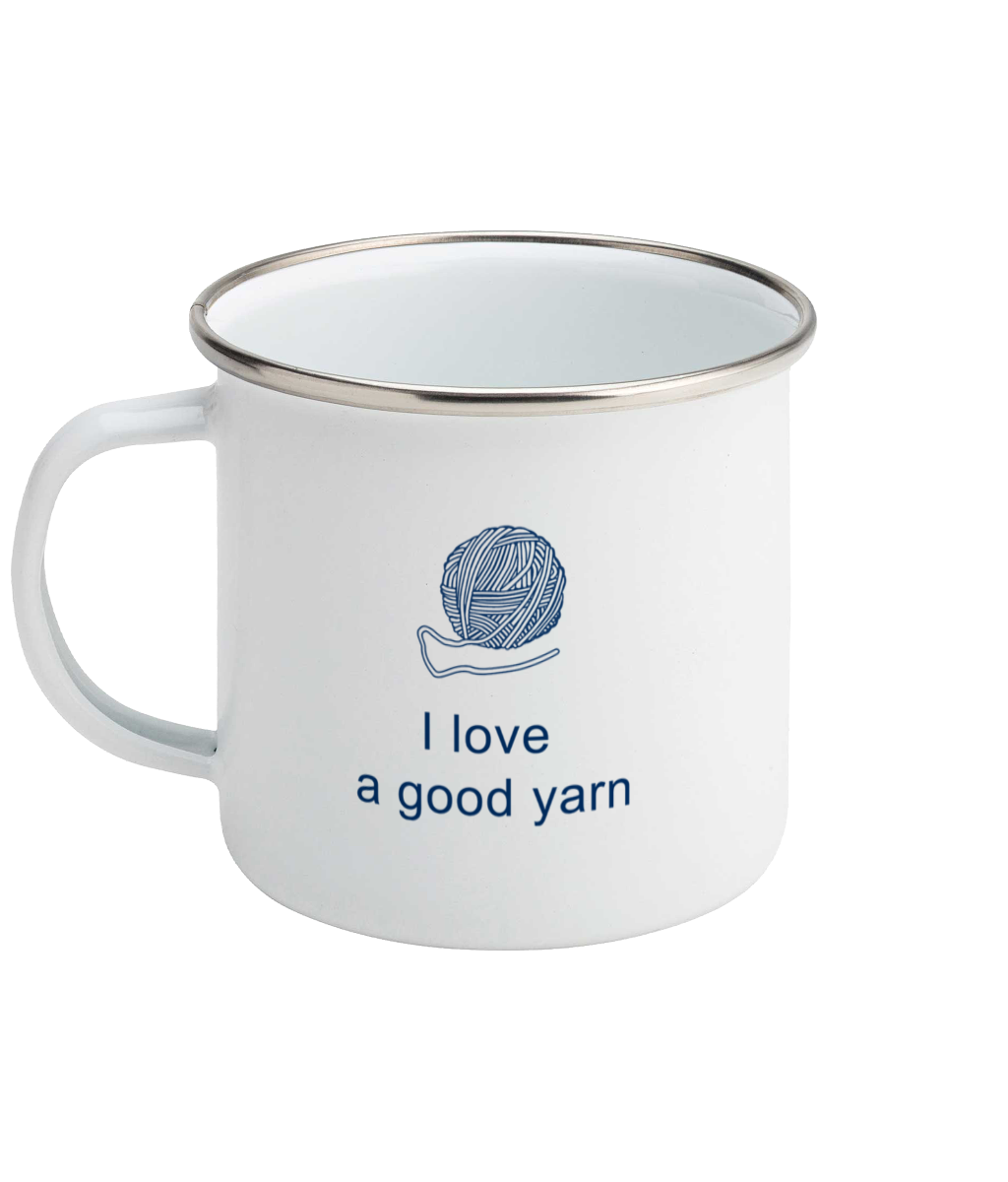 enamel mug I love a good yarnl with ball of yarn