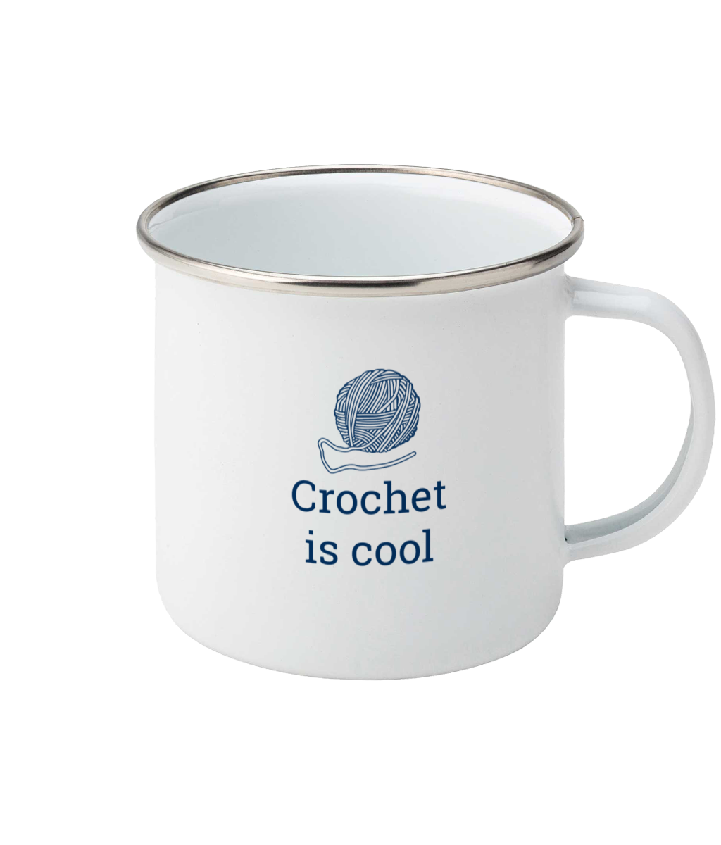 enamel mug crochet is cool with ball of yarn