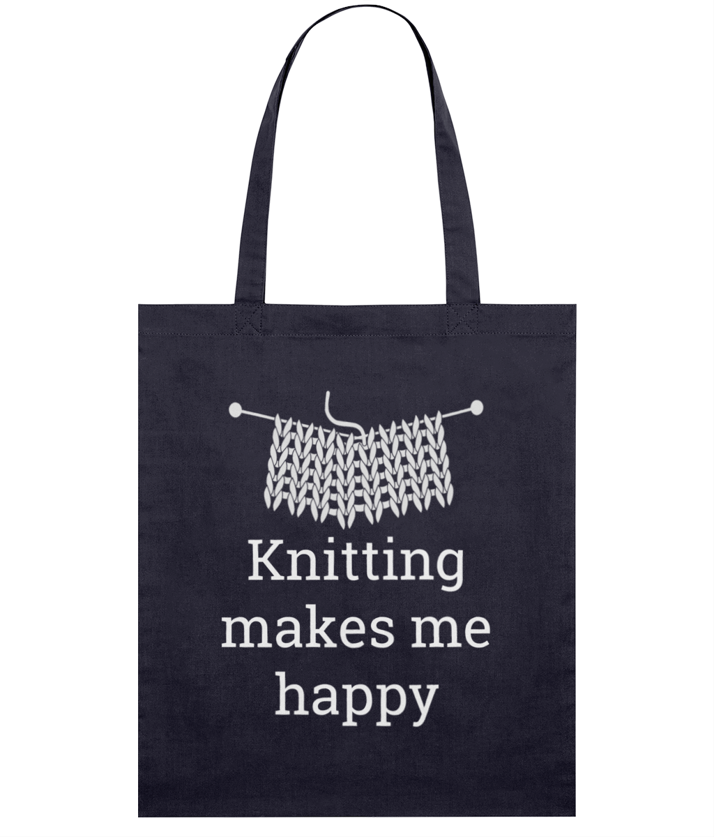 navy tote bag white print knitting makes me happy
