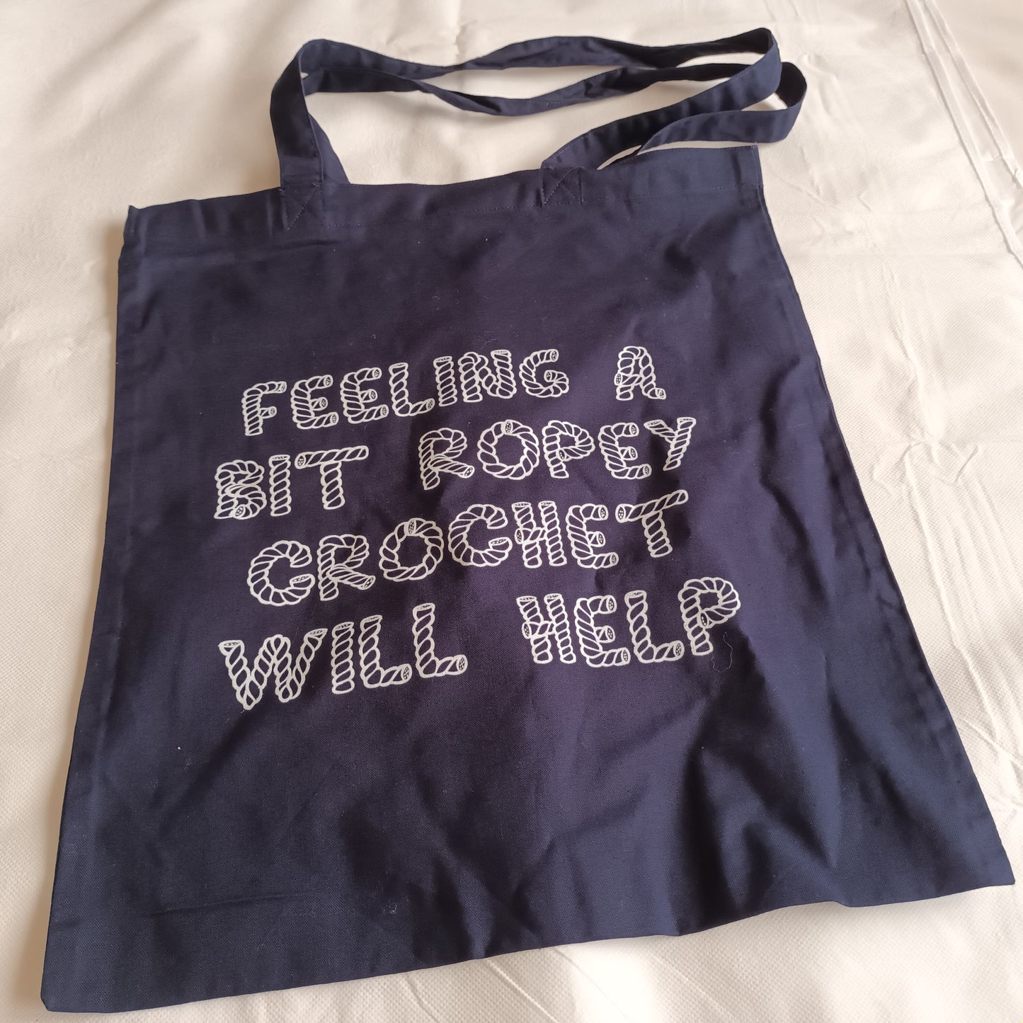 navy tote bag white print feeling a bit ropey then crochet will help