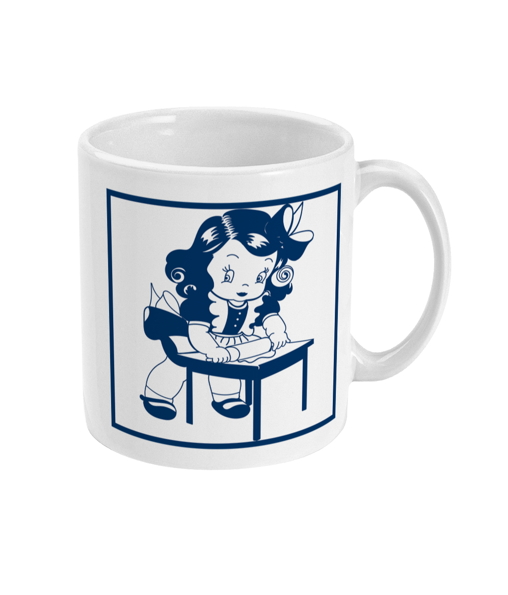 mug with image of a girl using a rolling pin