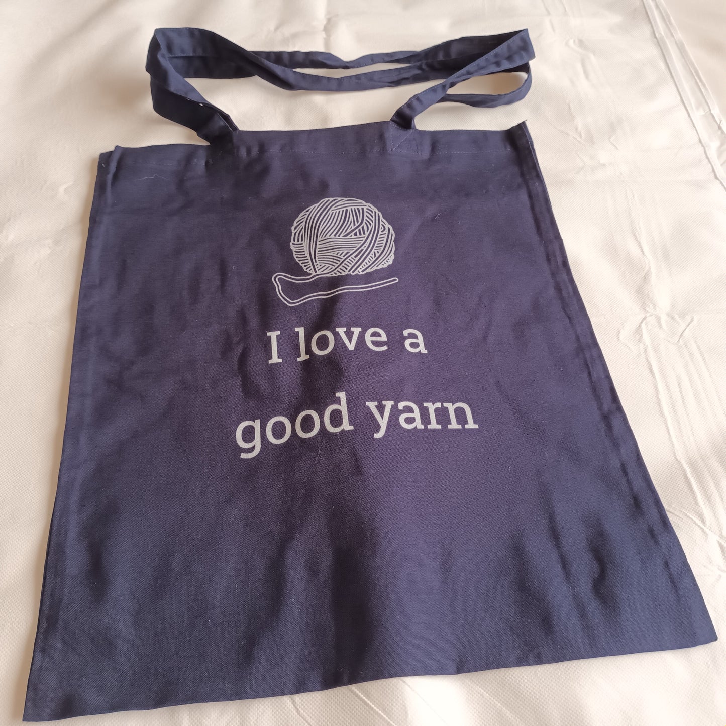 navy tote bag white print i love a good yarn