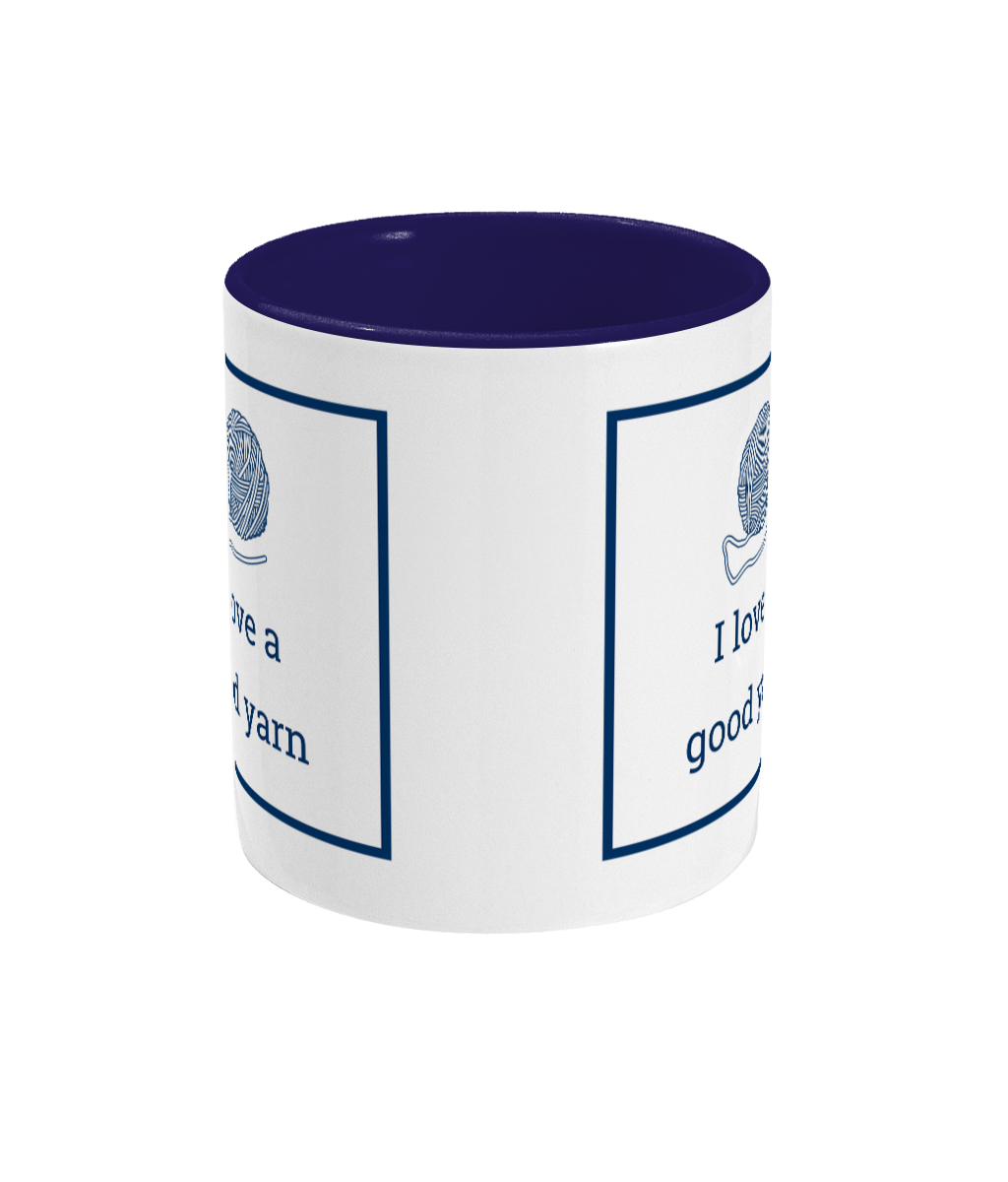 two tone blue and white ceramic mug I love a good yarn with ball of yarn