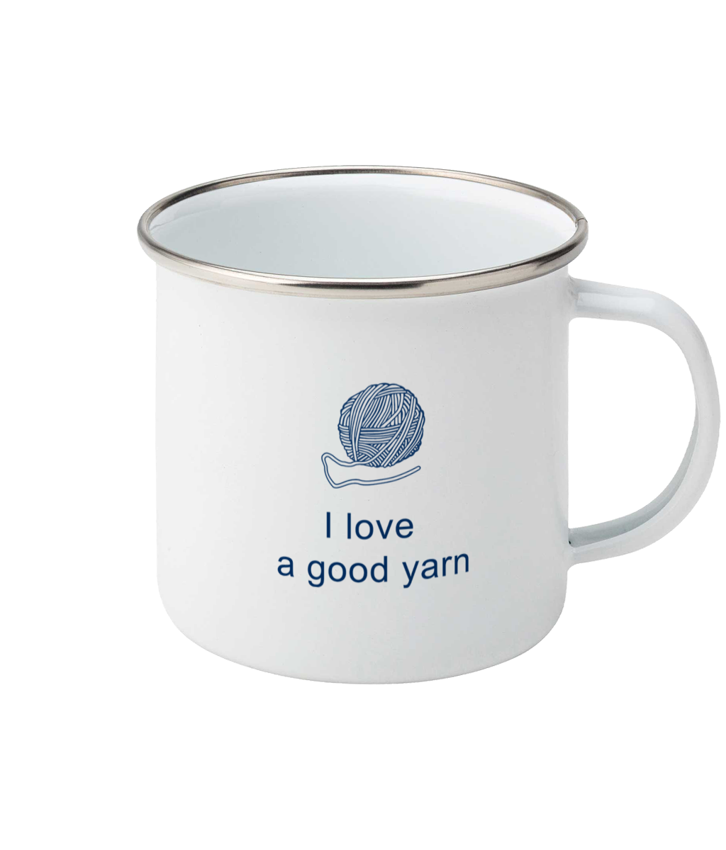 enamel mug I love a good yarnl with ball of yarn