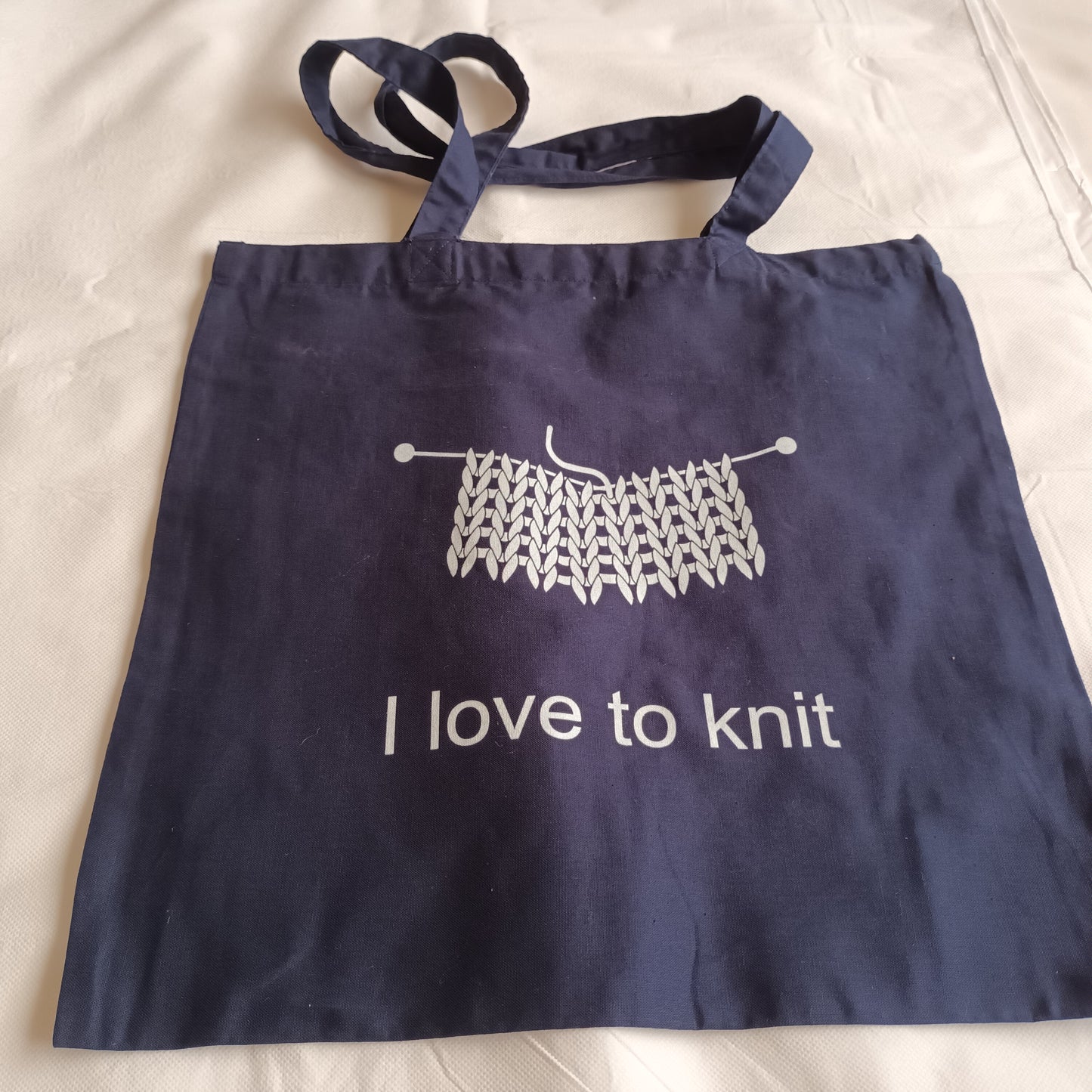 navy tote bag white print i love to knit