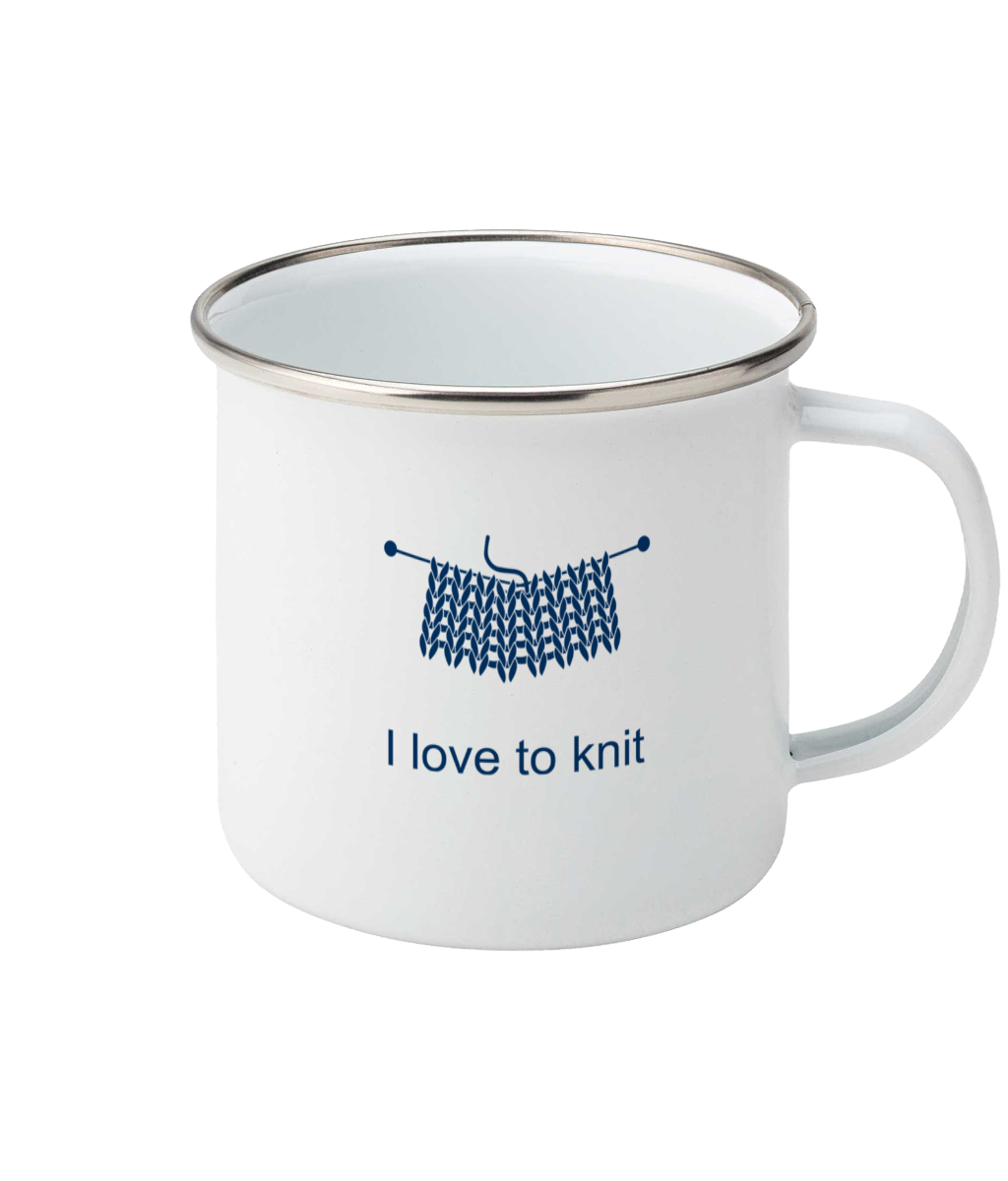 enamel mug I love to knit with ball of yarn