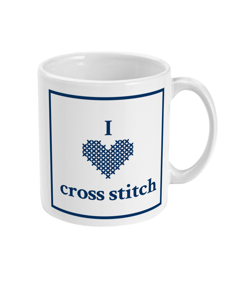 mug with I love cross stitch printed on it