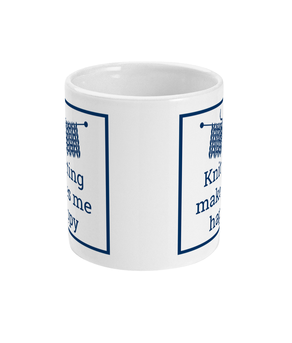 knitting makes me happy printed on a mug with an image of some knitting