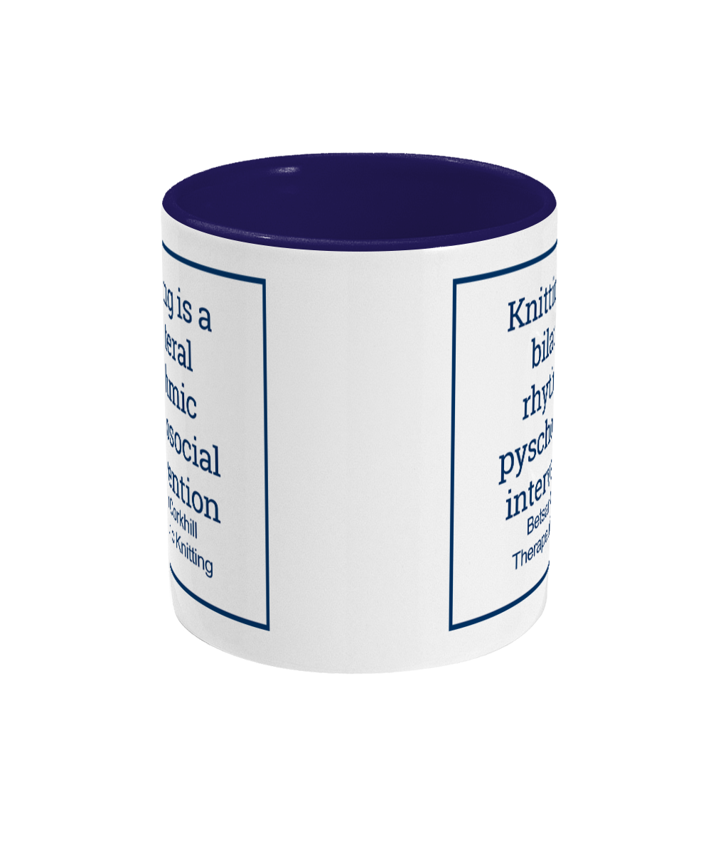 two tone blue and white ceramic mug knitting is a bilateral rhythmic psychosocial intervention