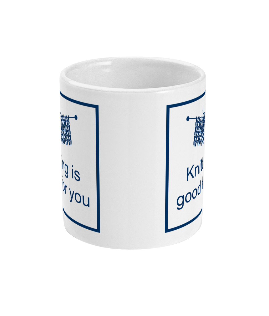 mug with knitting is good for you printed on it together with a piece of knitting