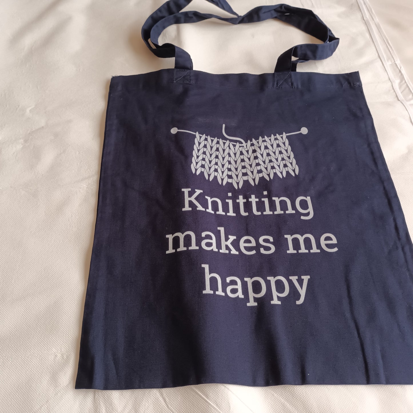 navy tote bag white print knitting makes me happy