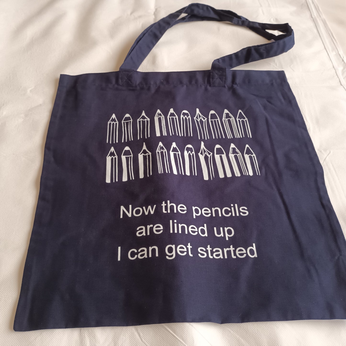 navy tote bag white print now the pencils are lined up I can get started