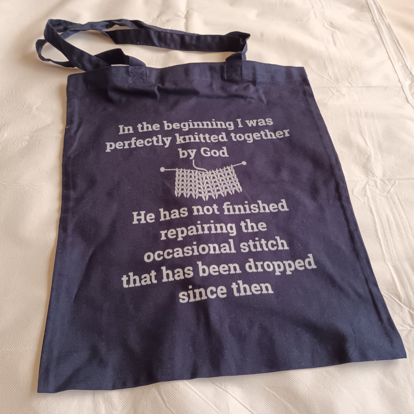 navy tote bag white print in the beginning I was perfectly knitted together by God