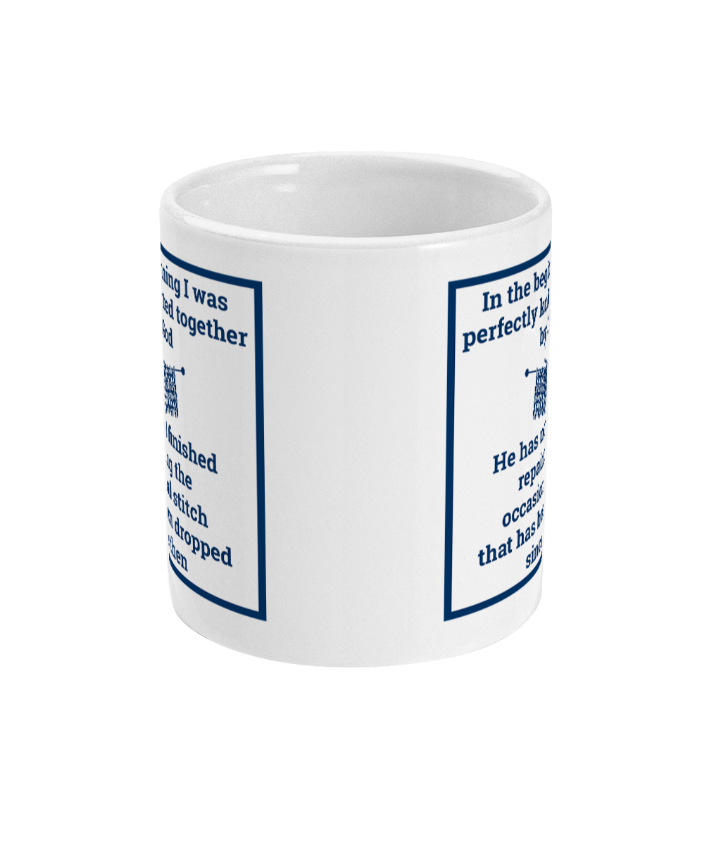 mug with in the beginning I was perfectly knitted together by God