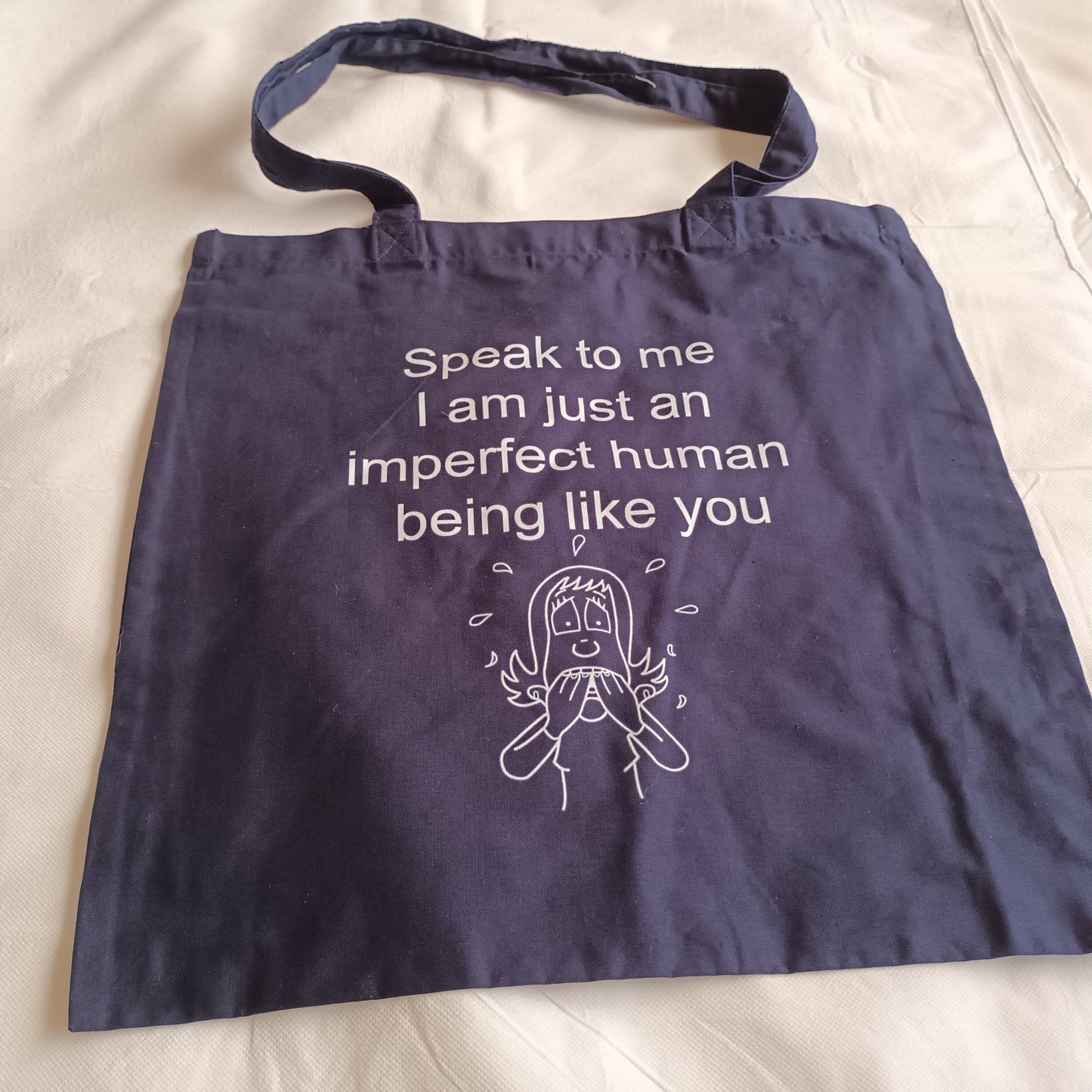 navy tote bag white print speak to me