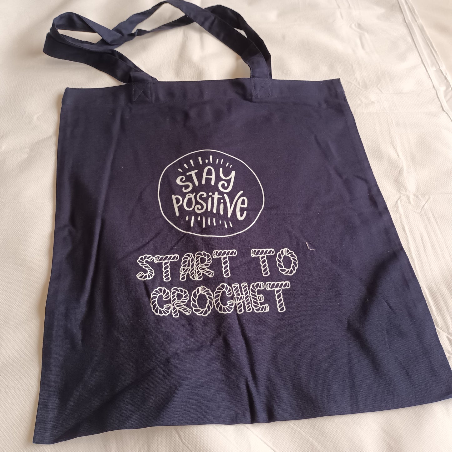 navy tote bag white print stay positive start to crochet