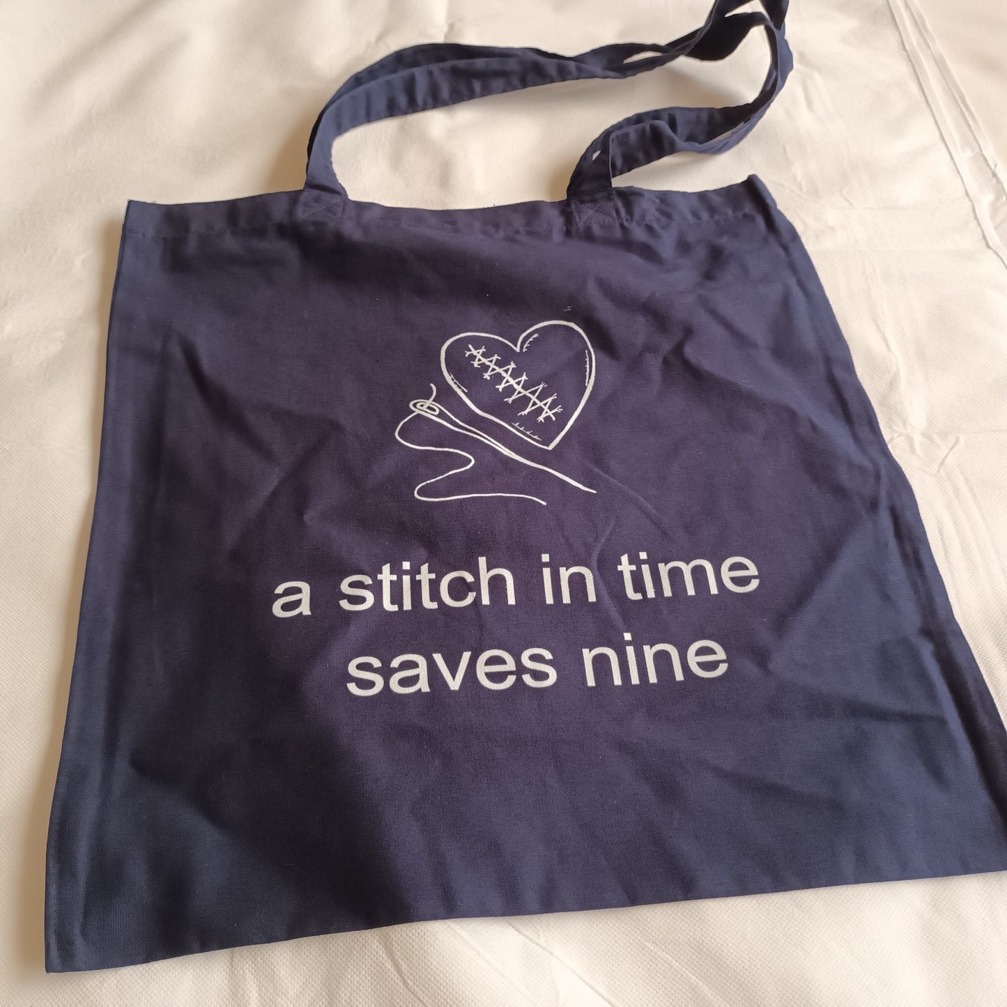 navy tote bag white print stitched heart