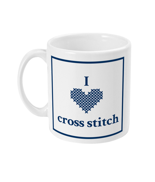 mug with I love cross stitch printed on it