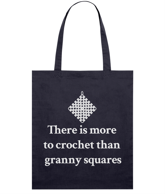 navy tote bag white print there is more to crochet than granny squares
