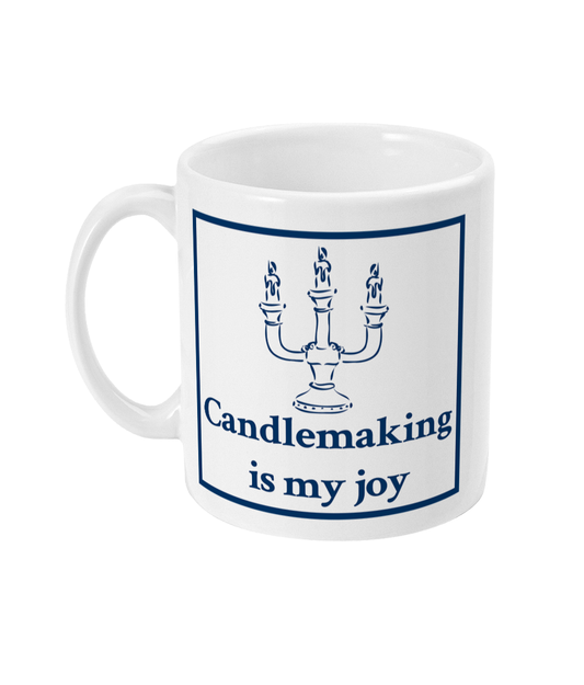 mug with text candlemaking is my joy and a three branch candle holder