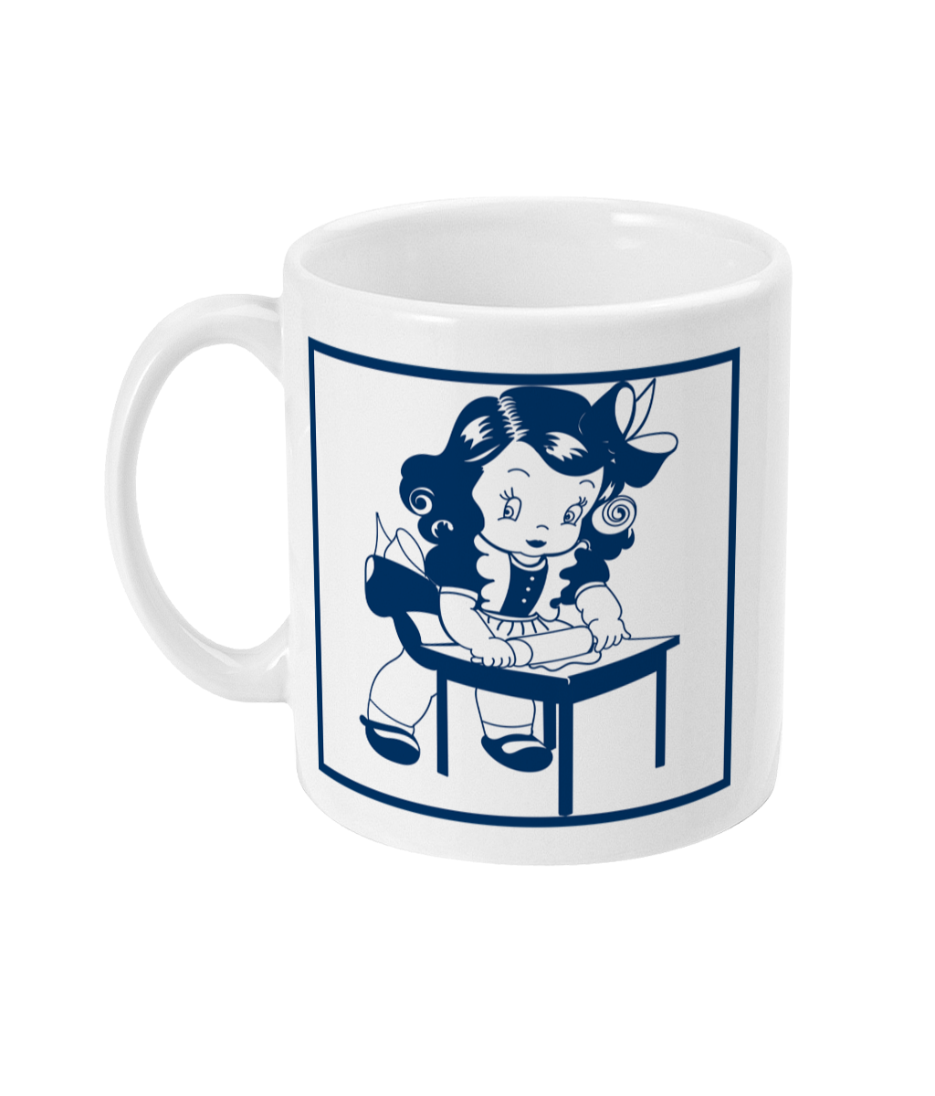 mug with image of a girl using a rolling pin