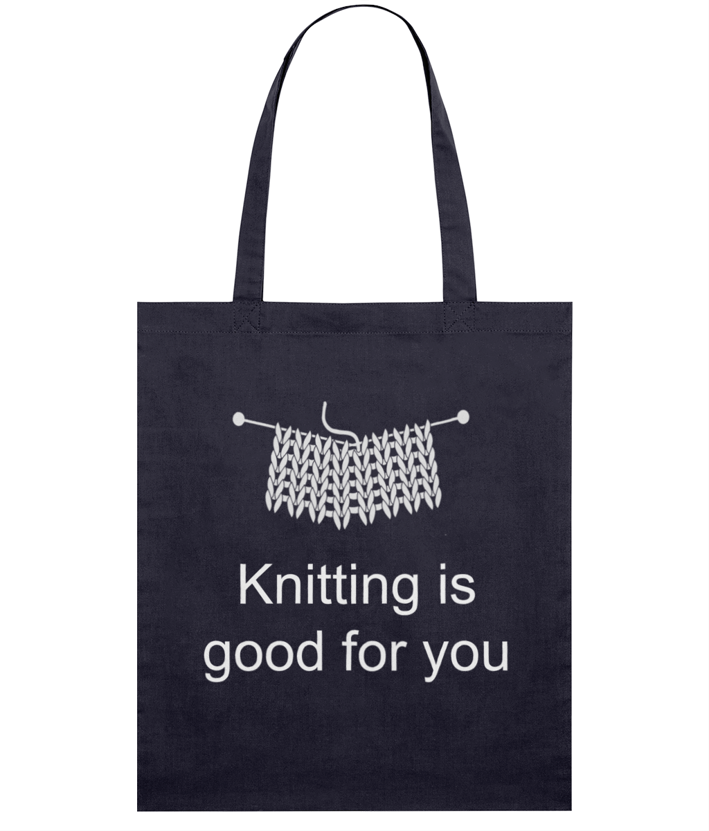 navy tote bag white print knitting is good for you