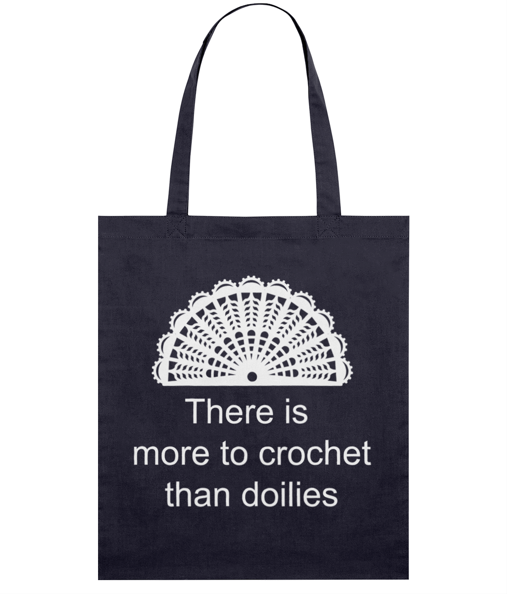 navy tote bag white print there is more to crochet than doilies