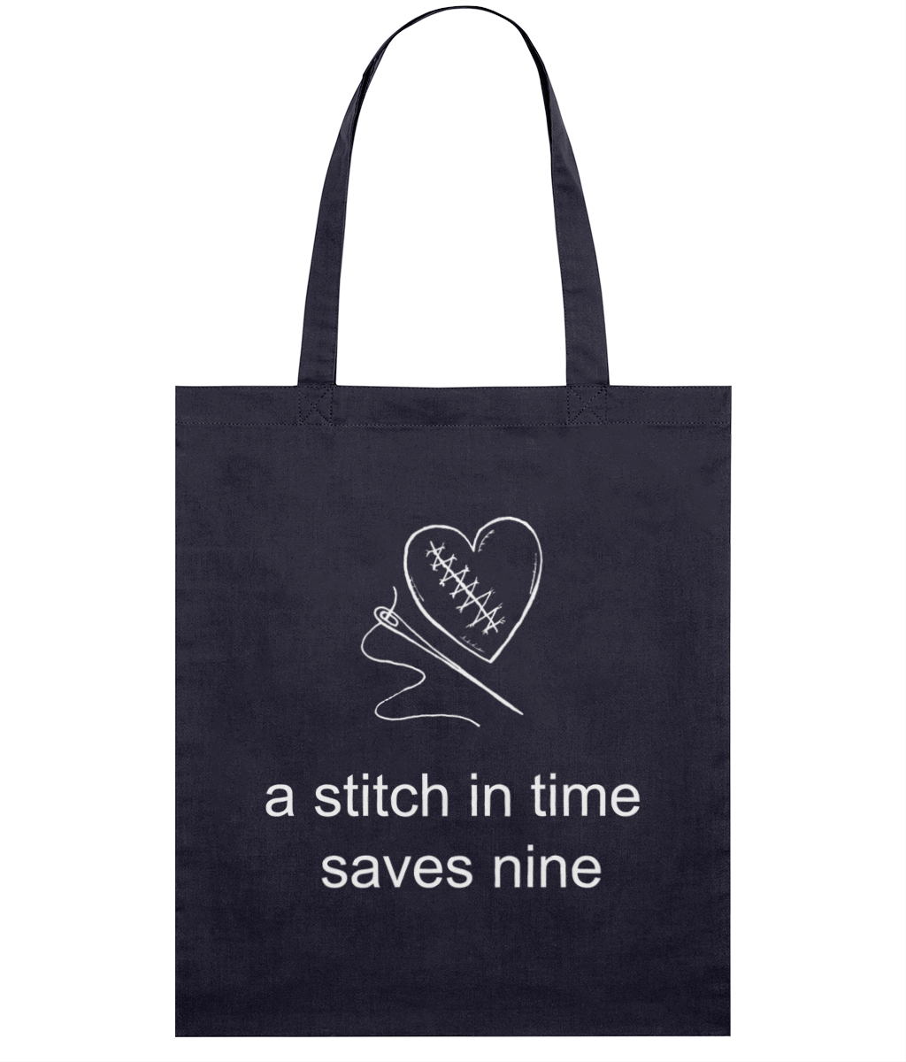navy tote bag white print stitched heart