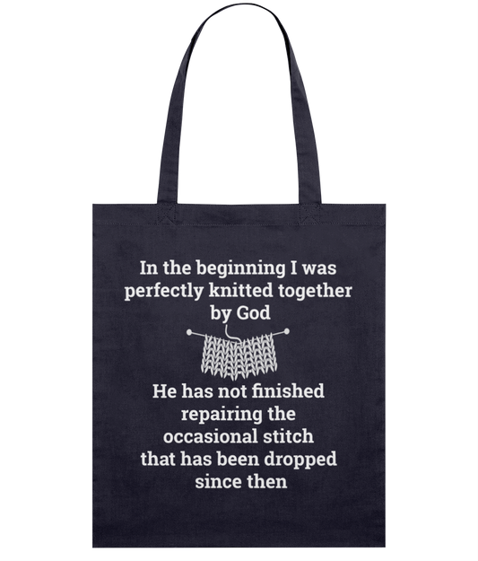navy tote bag white print in the beginning I was perfectly knitted together by God