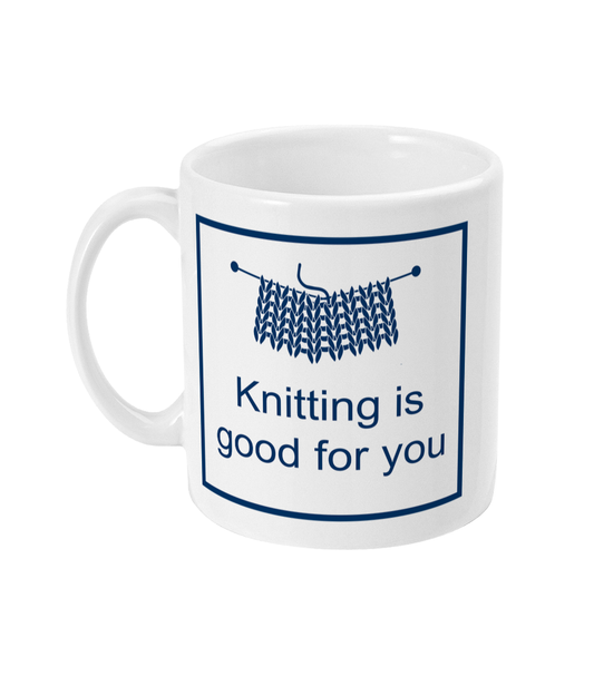 mug with knitting is good for you printed on it together with a piece of knitting