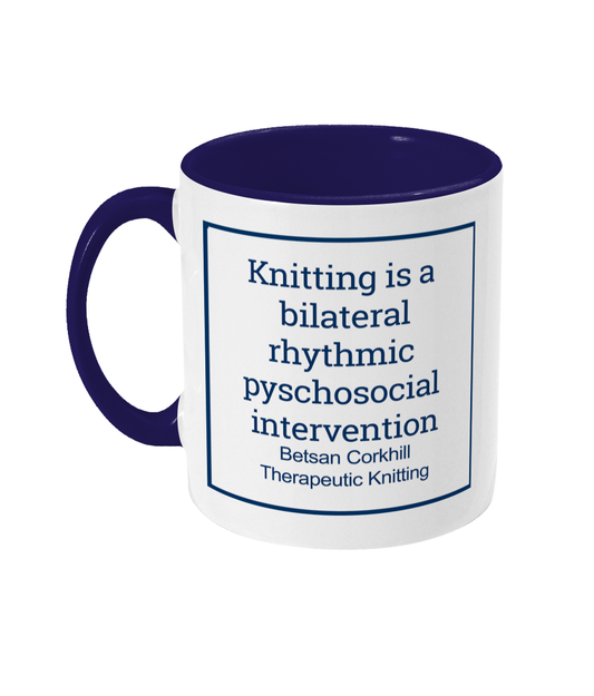two tone blue and white ceramic mug knitting is a bilateral rhythmic psychosocial intervention