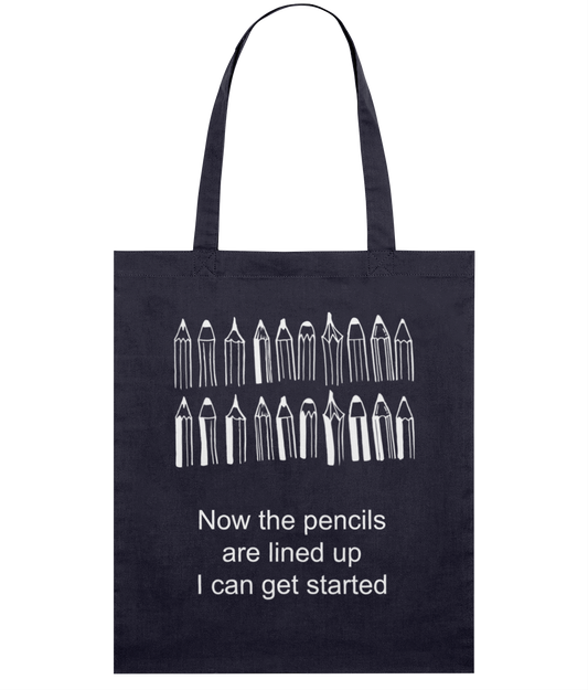 navy tote bag white print now the pencils are lined up I can get started