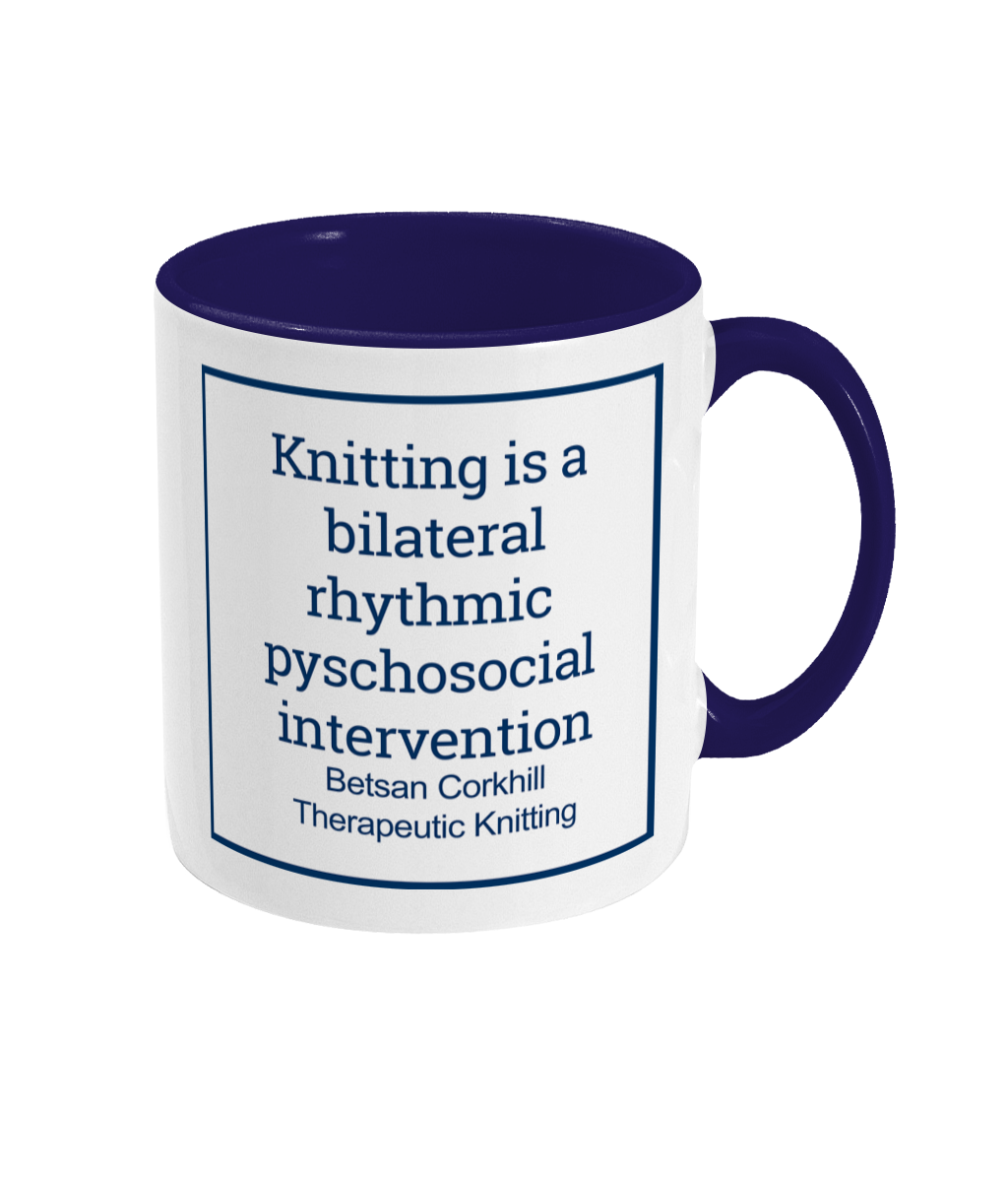 two tone blue and white ceramic mug knitting is a bilateral rhythmic psychosocial intervention