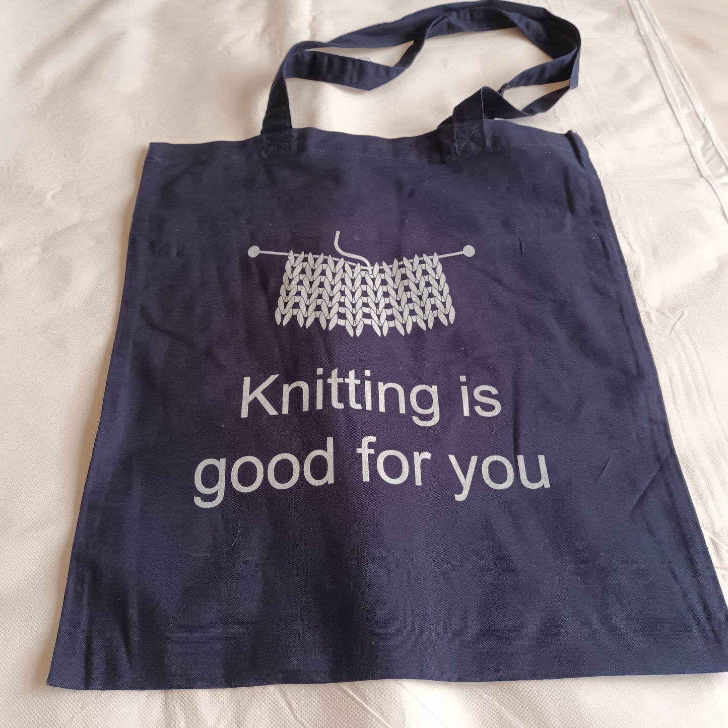 navy tote bag white print knitting is good for you