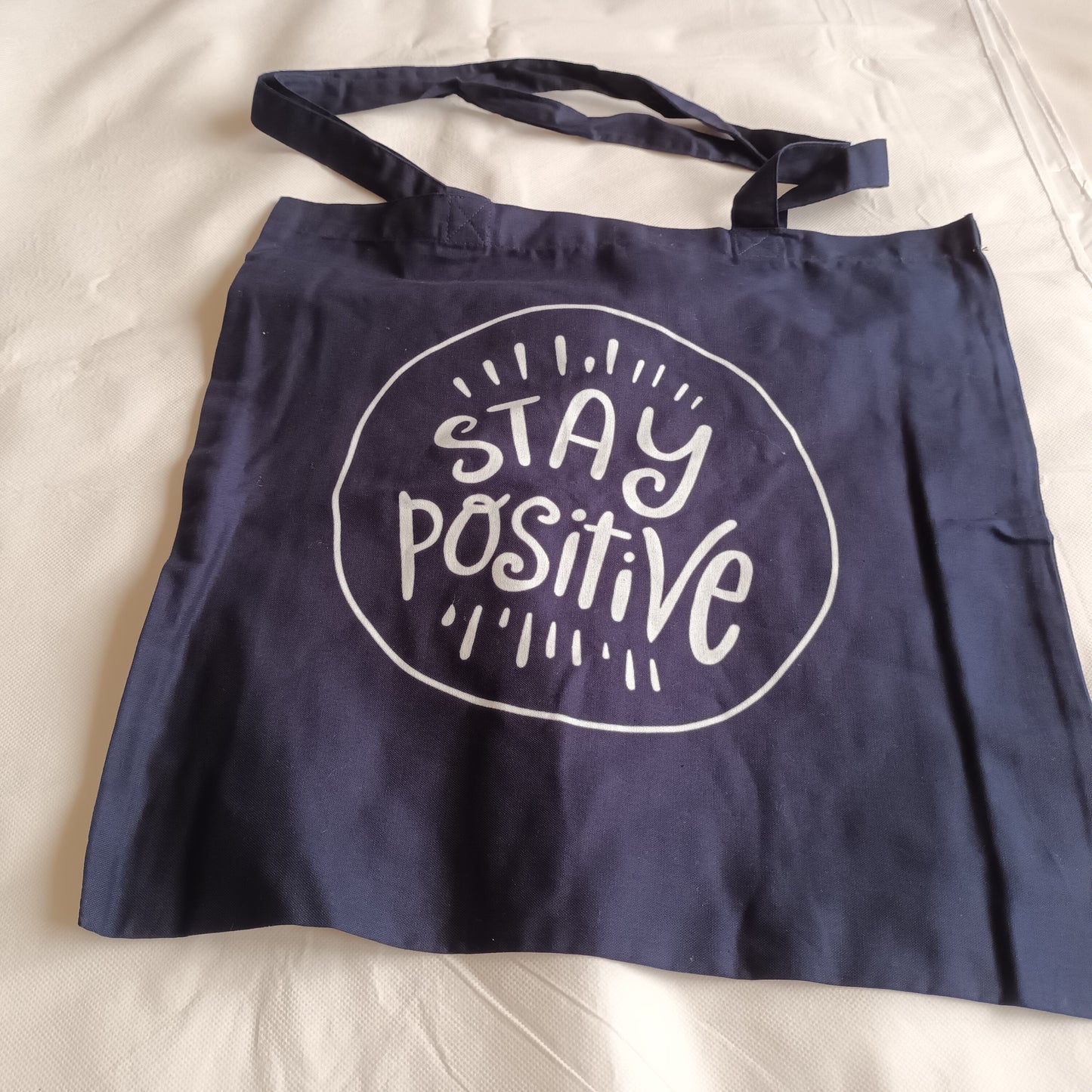 navy tote bag white print stay positive